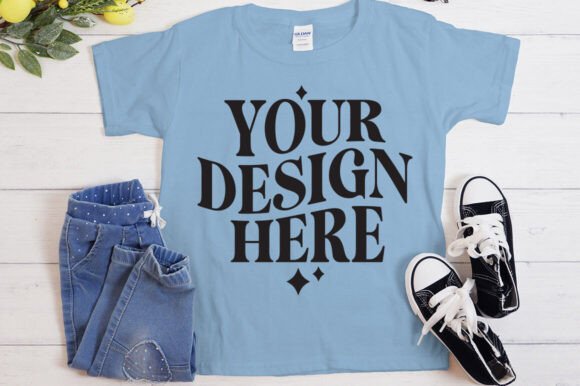 Gildan 5000 Shirt Flat Lay Mockup Blue for Product Mockups and Graphics