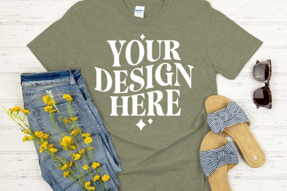 Gildan 64000 Mockup Heather Military Gre Graphics